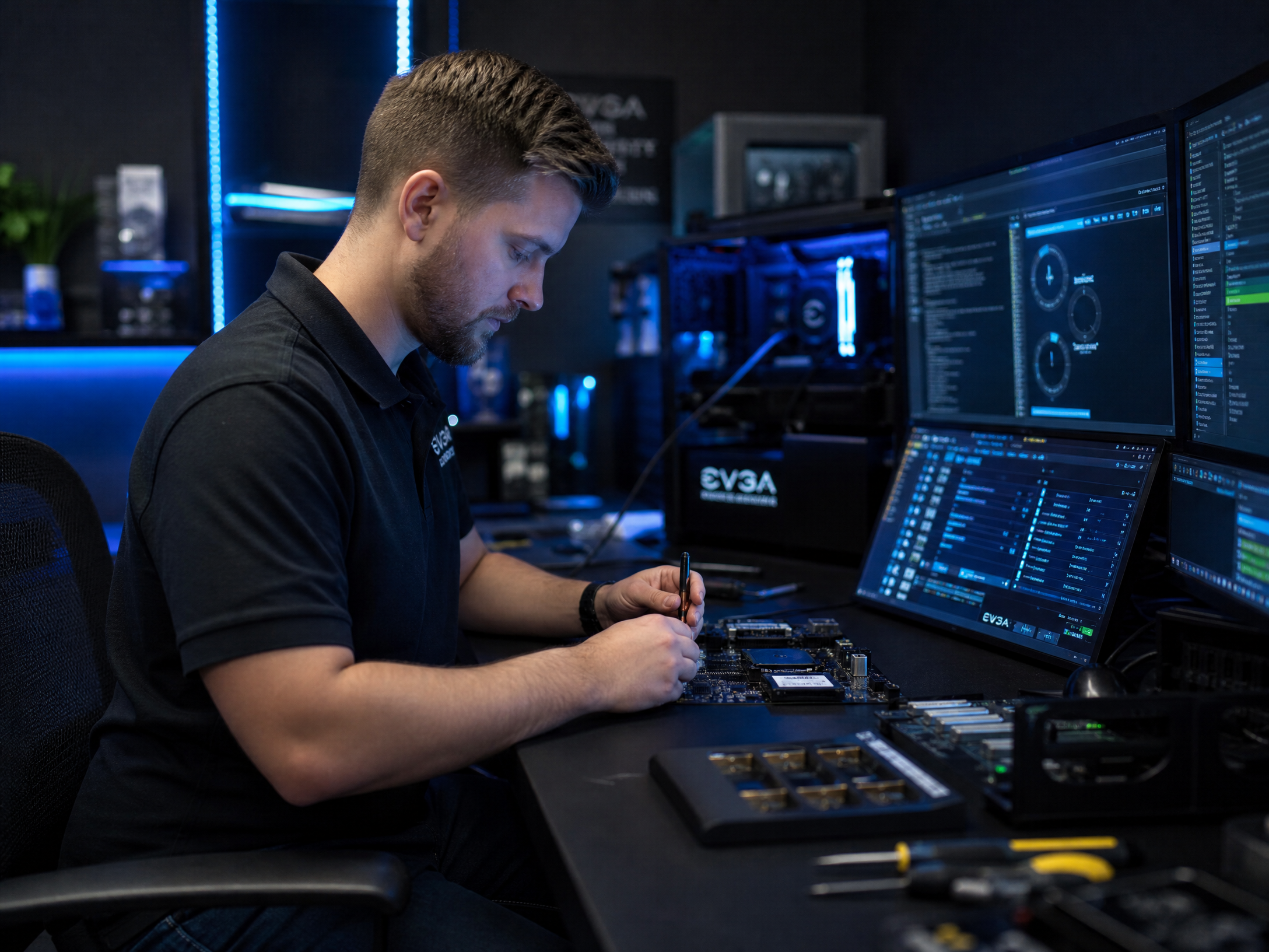 Técnico em informática RennerTec trabalhando em computador